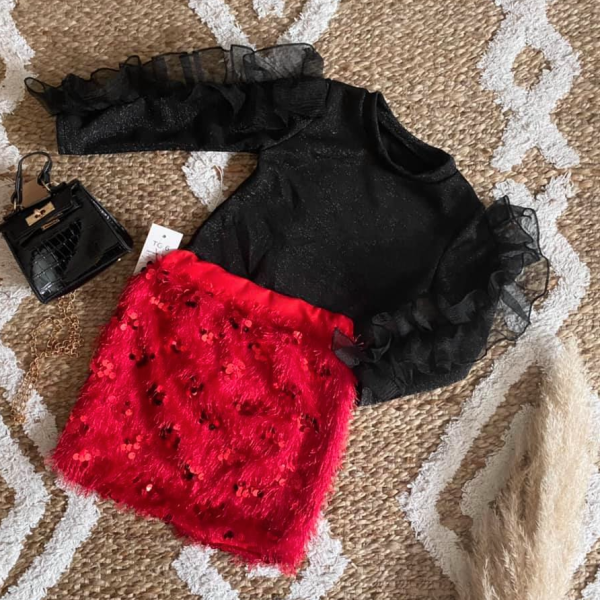 Jupe plumes et sequins rouge 4 à 14 ans – Image 2