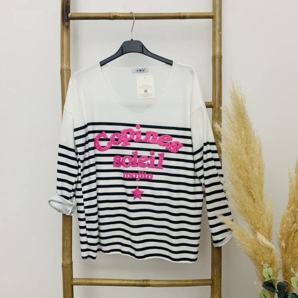 Pull fin "Copines..." noir et rose