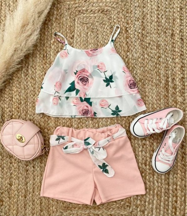 Ensemble short rose + top fleuri