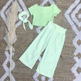 Ens 3 piéces pantalon rayé-vert anis